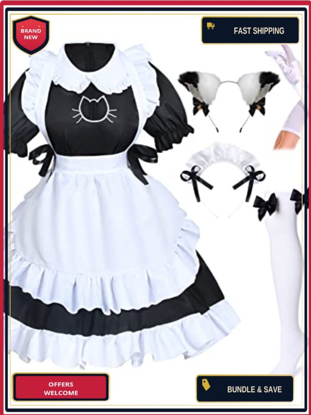 Anime French Cat Maid Cosplay Costume Set with Headwear Gloves Socks